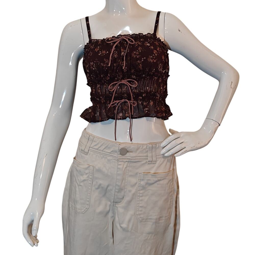 Thirty Thirty Brown Floral Sheer Ruched Tie Front Cami Top L